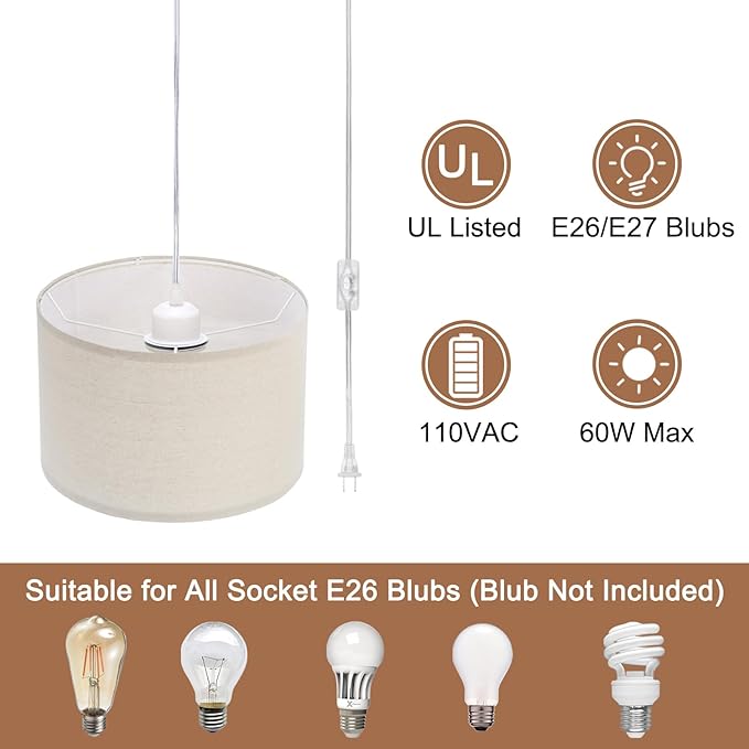 PATIKIL Plug in Pendant Light, 2 Pack 15Ft Rope Cord Hanging Lamp Fixture with ON/Off Switch, Linen Fabric Shade E26/E27 Bulb Socket for Bedroom Kitchen Living Room, Light Linen