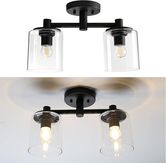 Pathson 2-Light Semi Flush Mount Ceiling Light, Industrial Pendant Lighting Fixture with Glass Shade, Ceiling Chandelier Lamp for Hallway Loft Kitchen Bar