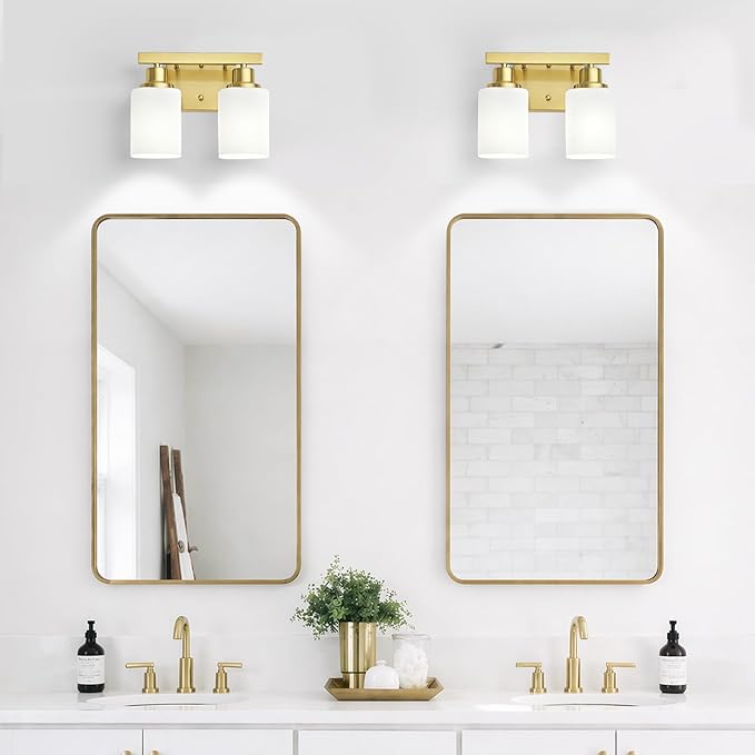 2 Light Gold Bathroom Light Fixtures,Brushed Gold Vanity Light with Clear Glass,Gold Bathroom Vanity Lights Over Mirror,Wall Sconces for Living Room,Bedroom,Hallway(E26 Base)