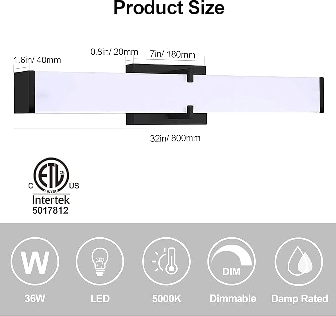 32 Inch LED Bathroom Vanity Light Cool White 5000K Black Modern Matte Bathroom Lighting Fixtures; Equivalent to Incandescent 300W for Over Mirror Vanity Light - ETL Certificated (1 Pack)