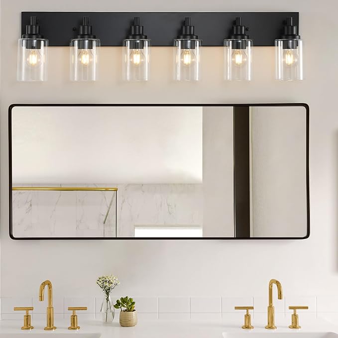LOUSACE 6 Light Bathroom Vanity Light, Matte Black Bathroom Light Fixtures Over Mirror, Modern Bathroom Lighting with Clear Glass Shade, Black Farmhouse Wall Sconces Lighting Fixture