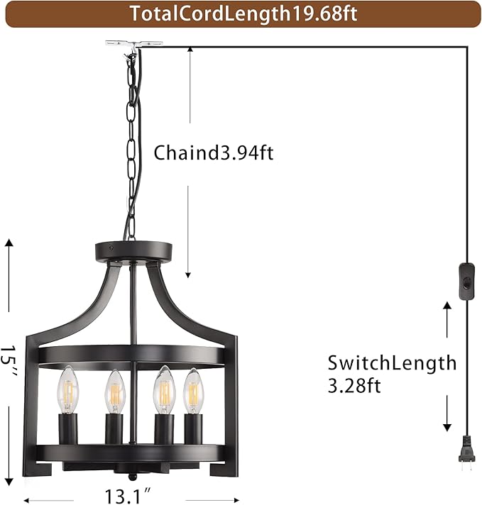 Plug in Chandelier Black Farmhouse Pendant Light Fixture, Adjustable Flush Mount Ceiling Light with 19.6 ft Hanging Cord for Kitchen Island, Dining Room, Living Room, Bedroom, Foyer, Entry