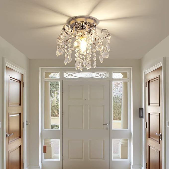 Q&S Small Crystal Chandelier,Flush Mount-Modern Mini Ceiling Light Fixture for Hallway/Entryway/Bedroom/Bathroom/Closet,Chrome Metal with K9 Crystal