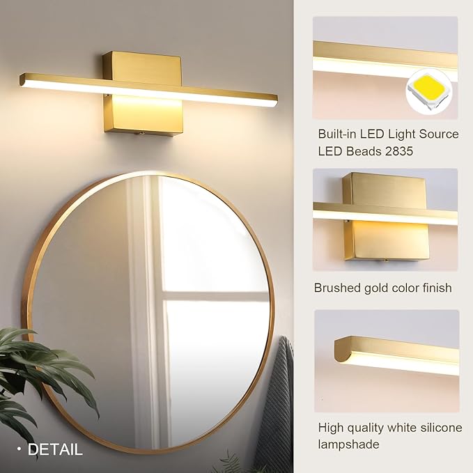 Brushed Gold Vanity Light 16 Inch Modern Bathroom Light Fixtures 14W Wall Vanity Lamp Over Mirror, Dimmable 5CCT LED Wall Sconce for Bedroom Cabinets UL Certificated