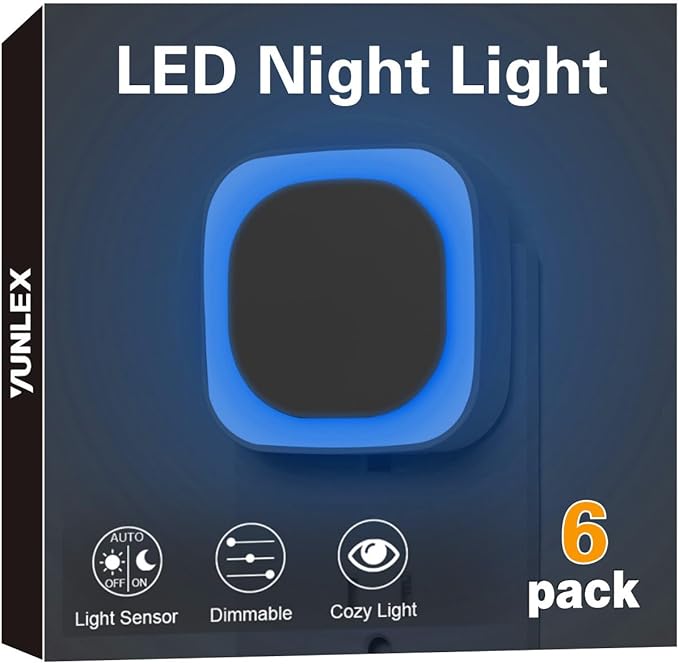 YUNLEX 6 Pack Azure Night Light, Crisp Modern Glow with Dimmable Soft Light & Indirect Reflection, Auto Dusk to Dawn Sensor, Plug in LED Nightlight for Bathroom,Toilet, Kitchen Counter, Modern Decor