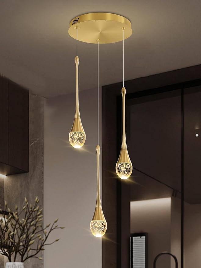 ykolupty 3-Light Gold Chandelier with Dimmable Ceiling Light Crystal Pendant Light for Kitchen Island, Dining Room, Living Room, Entry Hallway