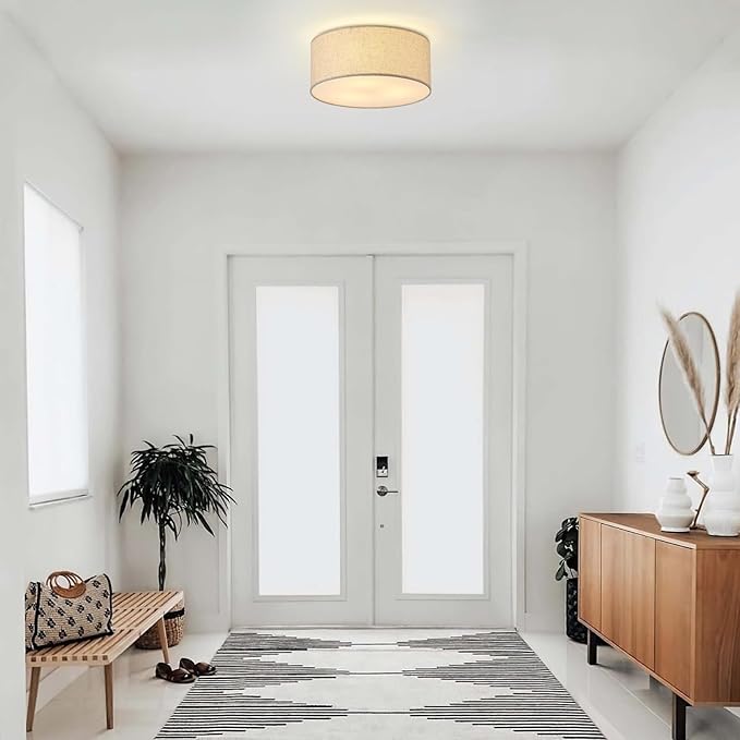 12.6" Modern Close to Ceiling Light with Linen Fabric Drum Shade,3-Light Semi Flush Mount Ceiling Light Fixture,Drum Light Fixtures Ceiling Mount for Kitchen, Bedroom, Bathroom, Living Room, Hallway