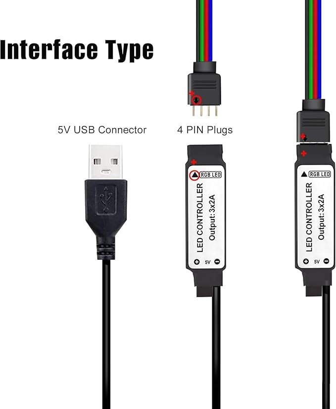 USB LED Light Controller, 5V RGB LED Strips Remote Replacement with 24 Key Infrared Remote for 4 Pin 5050 2835 RGB Strip, 2 Pack (IR Control Only, Not APP)