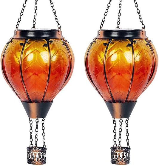 Starsoul 2 Pack Orange Solar Hot Air Balloon Lantern, Glass Hot Air Balloon Solar Lantern Outdoor Waterproof, Solar Hanging Lights with Flickering Flame Decor for Garden Yard Patio