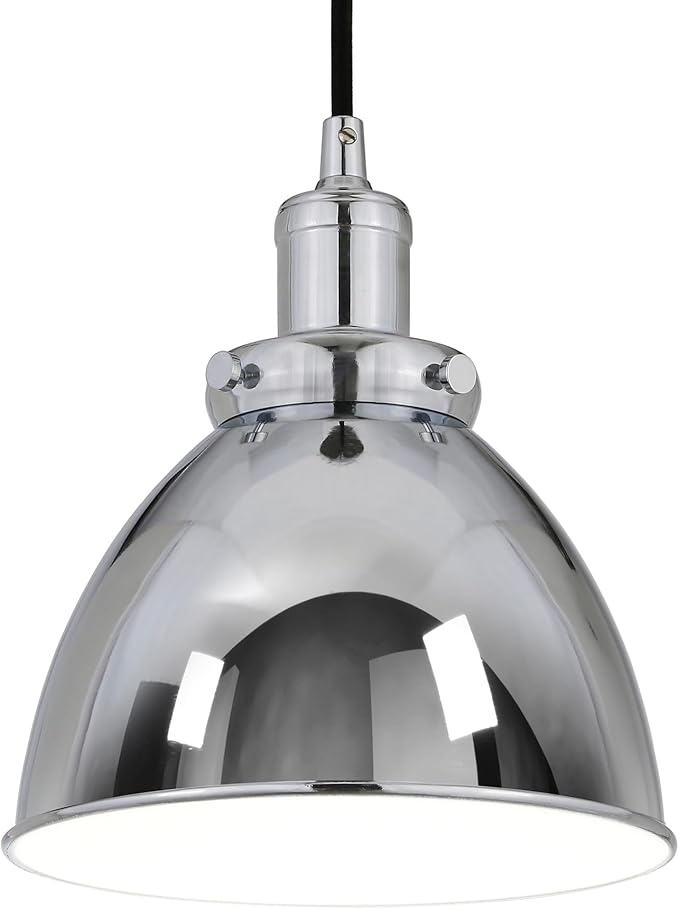 Henn&Hart 8'' Industrial Dimmable Pendant Light Fixture with Polished Silver Metal Dome Shade and 8' Adjustable Cord for Kitchen Island, Dining Room or Game Room, Polished Silver