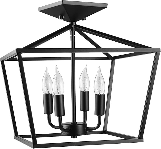 Globe Electric 61182 Sheldon 4-Light Semi-Flush Mount Ceiling Light, Matte Black, Flame Tip Vintage Edison Incandescent Bulbs Included