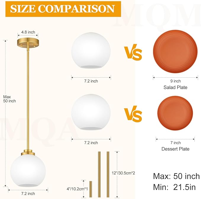 1 Pack 7.2-Inch Globe Pendant Lights, Mid Century Gold Pendant Light Fixtures, Globe Pendant Lights Kitchen Island with Milk Glass Shade Adjustable Hanging Fixture for Dining Room (Bulbs not Included)