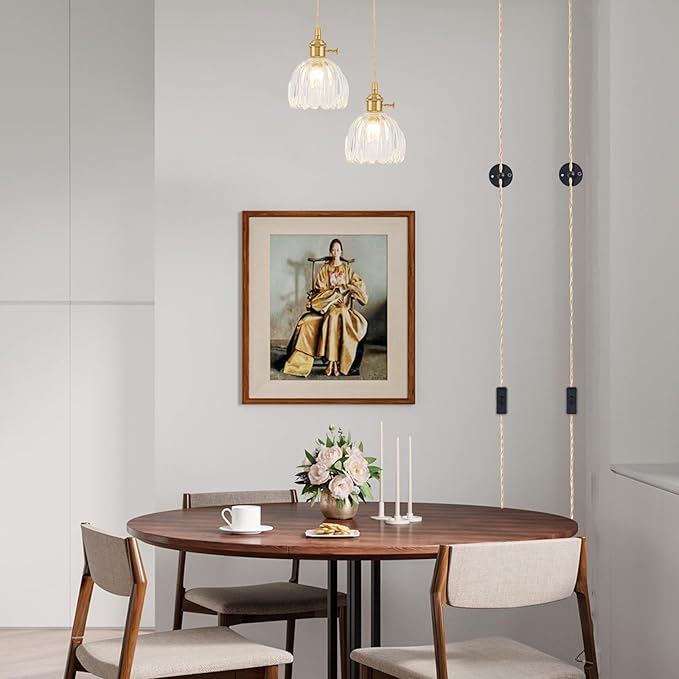 2 Pack Plug in Pendant Light Fixtures, Hanging Light Fixture Vintage Glass Pendant Light, Mini Transparent Tulip Hanging Lamp, Pendant Lighting for Kitchen Island, Bedroom, Dining Room, Living Room