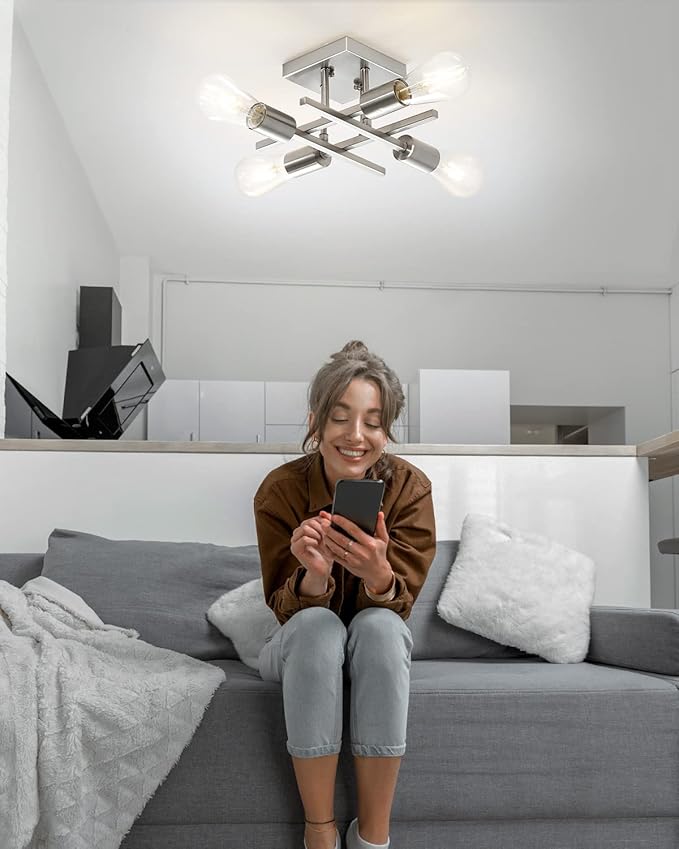 Industrial 4-Light Semi Flush Mount Ceiling Light Fixture, Modern Brushed Nickel Chandelier Lighting, Farmhouse E26 Base Sputnik Ceiling Lamp for Kitchen Bedroom Living Room Entryway, 2 Pack