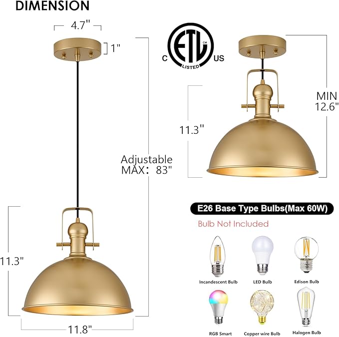 12 Inch Gold Farmhouse Pendant Lights Matte Pendant Lights for Kitchen Island Industrial Adjustable Height Vintage Dome Hanging Light Fixtures for Barn, Dining Room 3 Packs