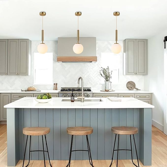KCO Lighting Modern Globe Pendant Lights Kitchen Island Lighting White and Gold Pendant Light Single Pendant Lighting Frosted Glass Hanging Light Brass Vintage Ceiling Light Fixture