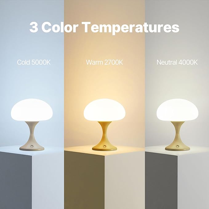 MAGCHARM Mushroom Lamp, 5W LED Cordless Rechargeable Table Lamp with Glass Shade, Small Retro Dimmable Touch Light with 3 Color Temps, Aesthetic Mid Century Bedside Light for Bedroom Ambient, Mustard