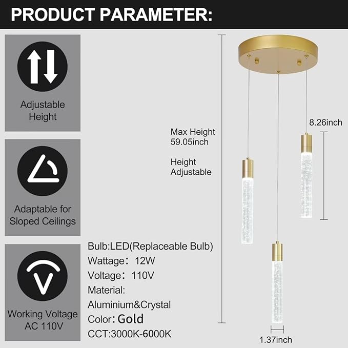 3-Light Bubble Crystal Ceiling Gold Integrated Crystal Pendant Chandelier,Dimmable LED Ceiling Light with Adjustable Height for Kitchen Island, Dining Room & Bedroom 3000K -6000K