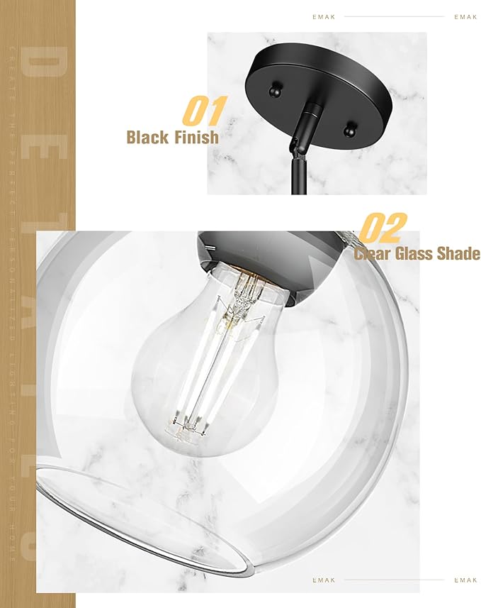 Emak 7 Inch Globe Pendant Light, Matte Black Pendant Light Fixtures with Clear Glass, 1-Light Hanging Lights for Kitchen, Bathroom, Bedroom, Hallway, 2 Pack, PL119-BK-2PK