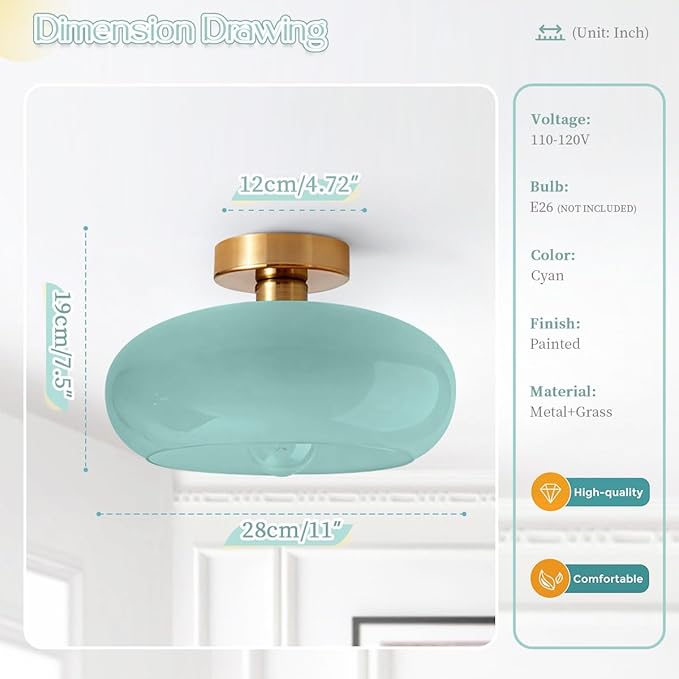 Blue Ceiling Light 1-Lamp Glass Flush Mount Ceiling Light Fixtures Milk Glass Shade Mid Century Flush Mount Lights Gold Brass Copper Close to Lighting for Hallway Entrance