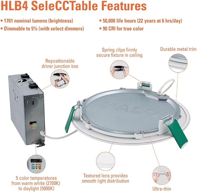 HALO HLB Recessed Lighting 8 Inch LED Ceiling Light, Thin Canless, Dimmable w/Selectable Color Temperatures