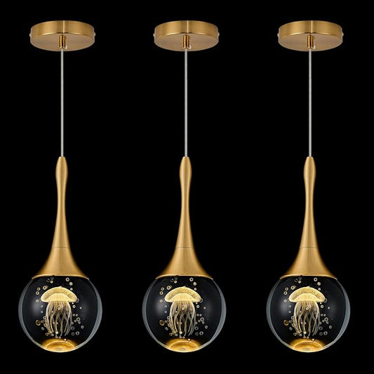 LED Pendant Light Kitchen Island Jellyfish Crystal Pendant Lights Dimmable Gold Modern Hanging Light for Bedroom Bathroom Living Room 3000K Warm White, 3 Pack