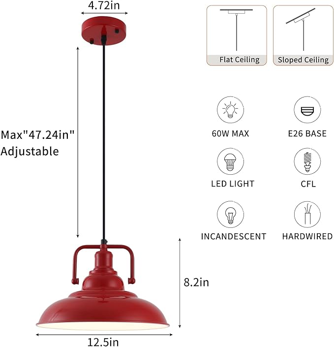 Farmhouse Pendant Light, 2 Packs 12.5inches Red Kitchen Pendant Lights, Island Pendant Lights, Modern Pendant Lights, Pendant Light for Kitchen, Living Room, Bedroom, Hallway