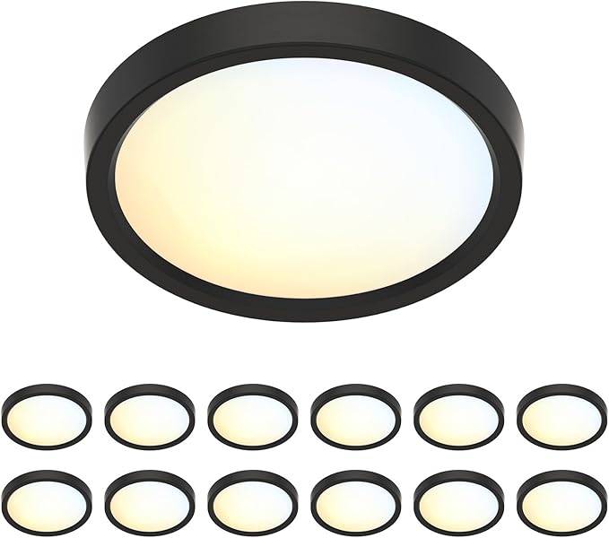 5 Inch Black Flush Mount Ceiling Light 5CCT Selectable LED Edgelit Slim Surface Mount Downlight for J-Box, Mini Flat Panel Light, Dimmable, 120VAC, 10W, 620LM, CRI90, ETL, Wet Rated, 12 Packs