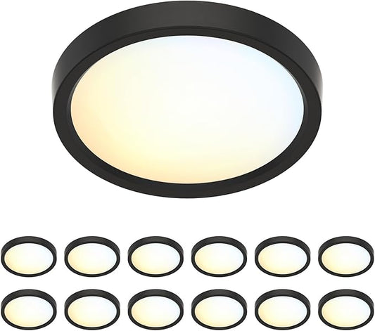 5 Inch Black Flush Mount Ceiling Light 5CCT Selectable LED Edgelit Slim Surface Mount Downlight for J-Box, Mini Flat Panel Light, Dimmable, 120VAC, 10W, 620LM, CRI90, ETL, Wet Rated, 12 Packs