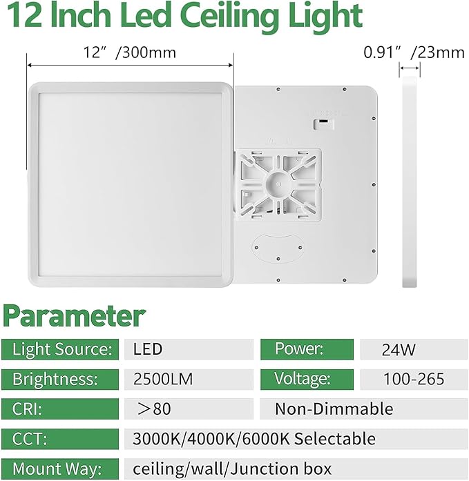 12 Inch Square LED Flush Mount Ceiling Light, 24W, 2520LM, 3000K/4000K/6000K CCT Selectable, Flat Panel Light, Low Profile, Fits for Hallway, Kitchen, Bedroom, Laundry Room (White, 12" 12PK)