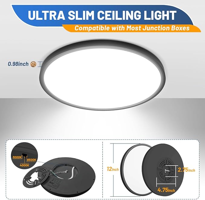 Allsmartlife Flush Mount Ceiling Light 2 Pack, Dimmable CCT 3000K/4000K/6500K Round Led Ceiling Light, 12 inch 24W Laundry Room Light Fixtures for Bedroom, Bathroom