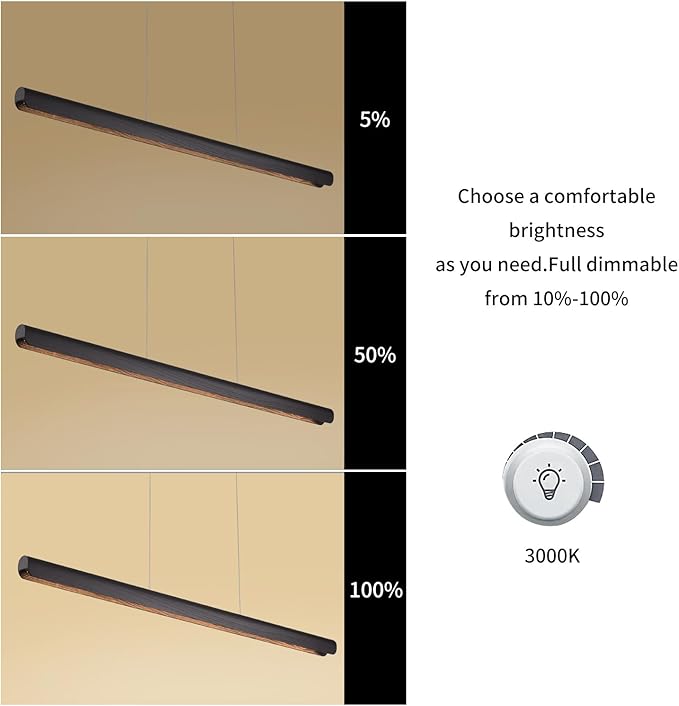 YISDESIGN 55inch Wood LED Linear Pendant Light, Dimmable Wood Ceiling Lamp,Minimalist Linear Chandelier, 40W Warm Light 3000K, Modern Kitchen Island Dining Room Lighting Black Adjustable Height