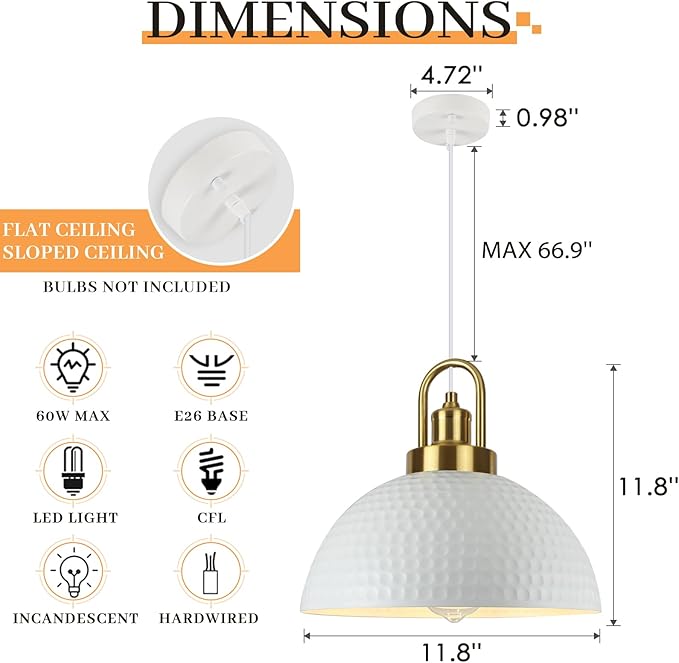 Modern Pendant Light, 11.8" White Pendant Lighting for Kitchen Island, Dining Room, Cafe Bar, Kitchen Pendant Light Fixture, Farmhouse Adjustable Hanging Light, 1 Pack