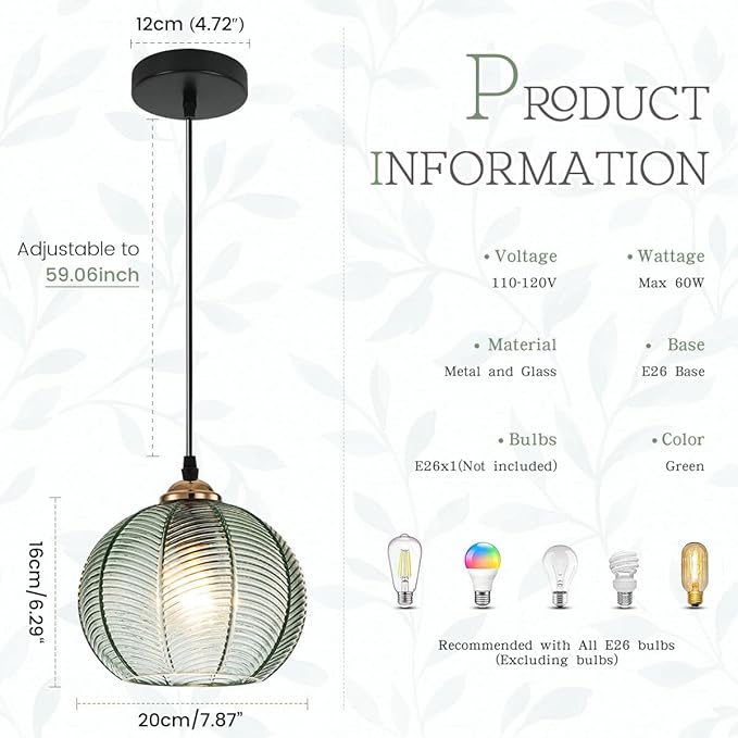 Glass Pendant Light Kitchen Island Pendant Lights with Green Glass Shade Hand Blown 1-Light Globe Pendant Light Gold Modern Hanging Light for Dining Room Bedroom