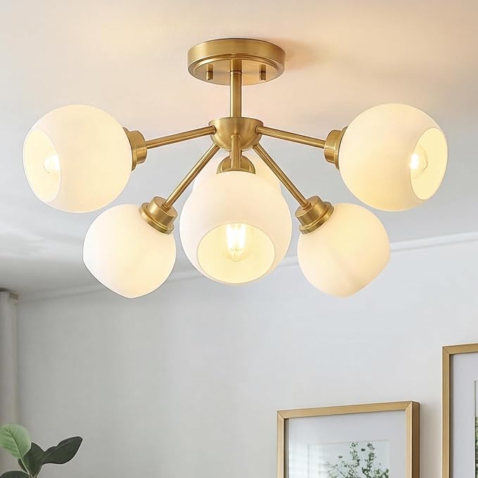 6-Light Semi Flush Mount Ceiling Light, 22" Modern Light Fixtures Ceiling Mount with Globe Milk White Glass Shade, Brushed Gold Light Fixtures for Kitchen Entryway Bedroom, SM195-BG-ML-6