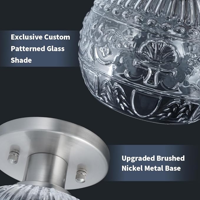 7.09in Brushed Nickel Semi Flush Mount Ceiling Light, Small Vintage Flush Mount Ceiling Light with Globe Glass, Close to Ceiling Lights for Hallway Porch Bedroom, Bulbs Not Included