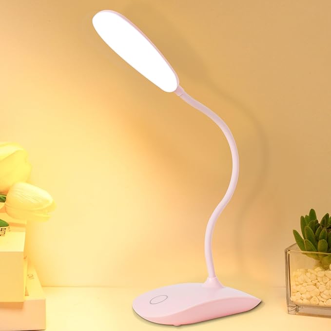 Battery Powered Desk Lamp, Portable Lamps Rechargeable 3 Color Modes Touch Control Stepless Dimming, Wireless Desk Lamp with 2000mAh, Small LED Table Light for Dorm Study Office Bedroom,Pink