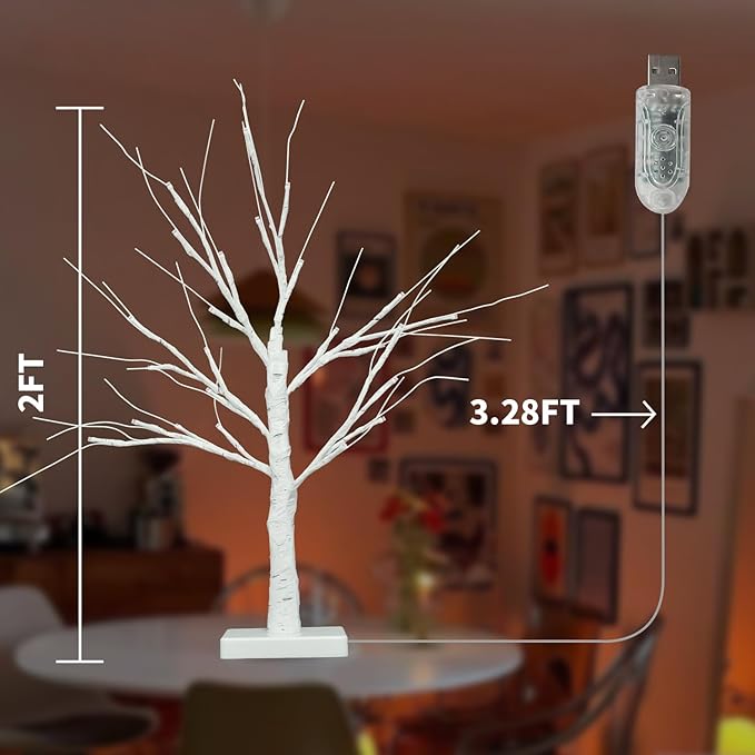2FT Smart Birch Tree with LED Lights, Bluetooth App Controlled, 18 Modes, Dimmable, Timer, Music Sync, Warm White LED for Indoor Christmas Tabletop Centerpiece, Wedding & Valentine’s Day Decor, 2 Pack