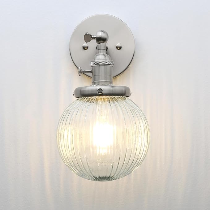 PERMO Sconce with Switch Industrial Gold Wall Sconce Lighting with Ribbed Globe Lampshade (Brushed, 1 Light-Hardwired)