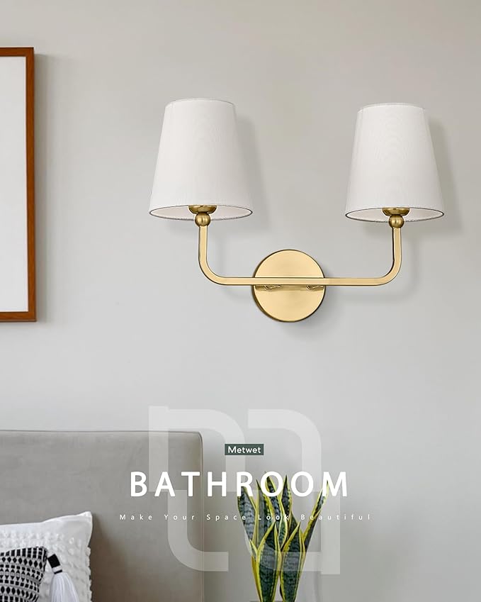 2 Light Bathroom Vanity Light, Brushed Gold Double Wall Sconce with Flared White Fabric Shade, Modern Sconces Wall Lighting for Hallway Bedroom Stairway, VL837-BG