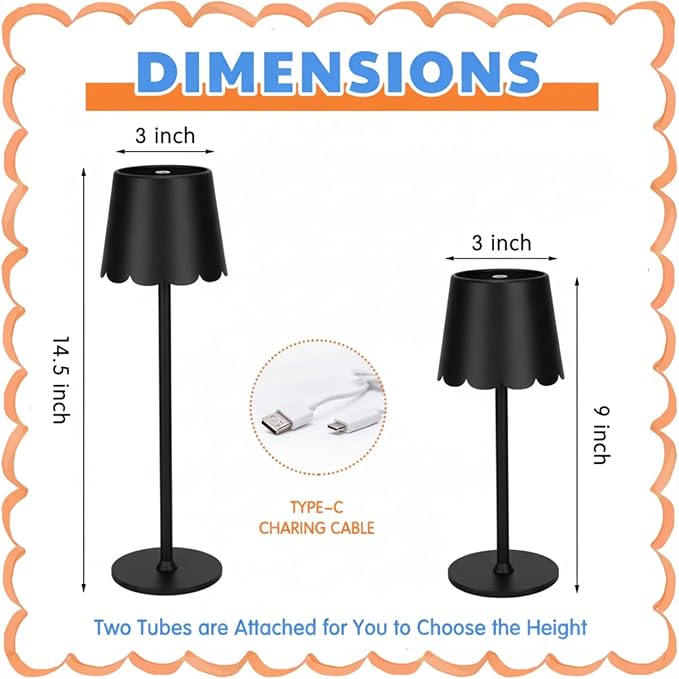 Pickmesh 2 Pack Scalloped Touch Cordless Table Lamp Rechargeable 4000mAh Battery 3 Color Stepless Dimmable Portable LED Desk Light for Mahjong Gift Bedroom Wedding Bars Outdoor Party Home Décor(Black)