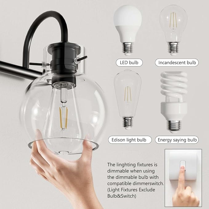 Bathroom Vanity Light Fixtures, Modern 2 Lights Vanity Lighting Fixture Matte Black, Farmhouse Metal Wall Lamp with Globe Glass Shade, Porch Wall Mount Light Fixture for Mirror Cabinets