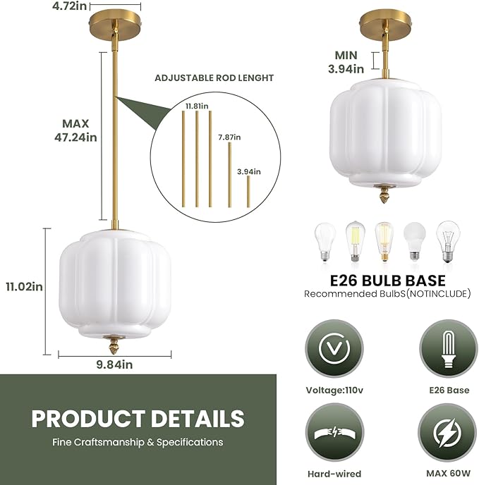 Vintage Milk Glass Pendant Lights 9.8 Inch Mid Century Modern Hanging Ceiling Light, Adjustable Height Kitchen Island Hanging Lights for Dining Room, Kitchen, Hallway and Bedroom, E26 Base