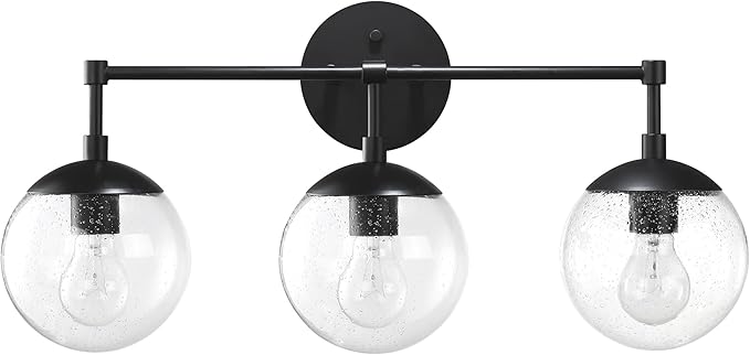 Design House Gracelyn Matte Black 3-Light Bathroom Vanity Light, Clear Seedy Glass Globes, Dimmable, 24 in. W, 588889-BLK