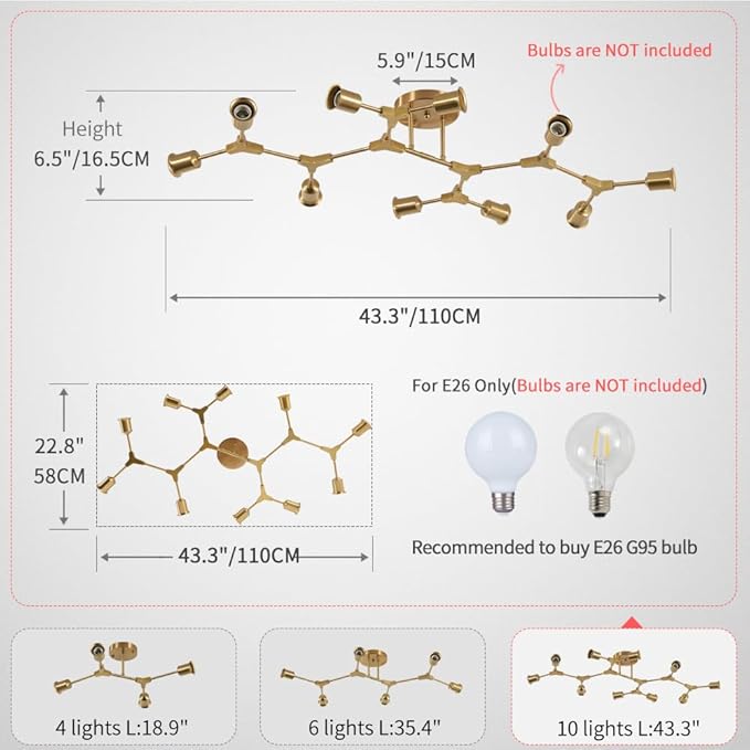 Mid Century Modern 10 Light Semi Flush Mount Ceiling Lighting Fixture for Dining Room Living Room Bedroom Kitchen Office,Metal Gold Long Bright Large Sputnik Chandelier