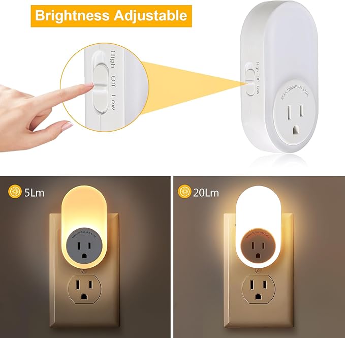 Dawnrise Night Lights Plug Into Wall, Dusk to Dawn Sensor Night Light with Power Outlet, CCT 2200K or 4000K, 5Lm or 20Lm Adjustable Brightness for Bedroom, Kitchen, Living Room, Office, 2PK