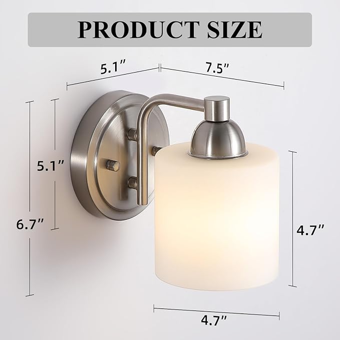 Mecgirn Brushed Nickel Milk Glass Wall Sconces, 1 Pack Hardwired Indoor Wall Light Fixtures for Living Room, Hallway, Bedroom, Ceramic E26 Sockets (Bulbs Not Included)