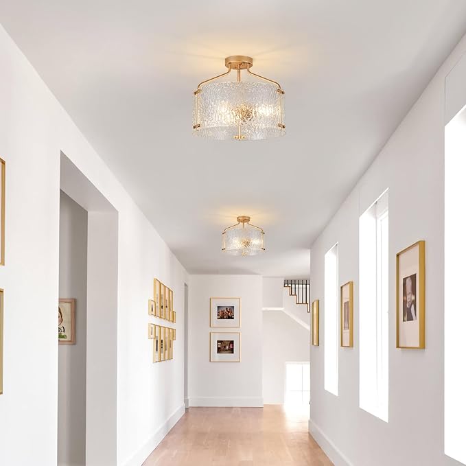 Semi Flush Mount Ceiling Light Fixture Glass Drum Chandelier Entryway Light Fixture 16''Gold Flush Mount Ceiling Lights 3-Light Foyer Lighting fixtures for Living Room Hallway Bedroom
