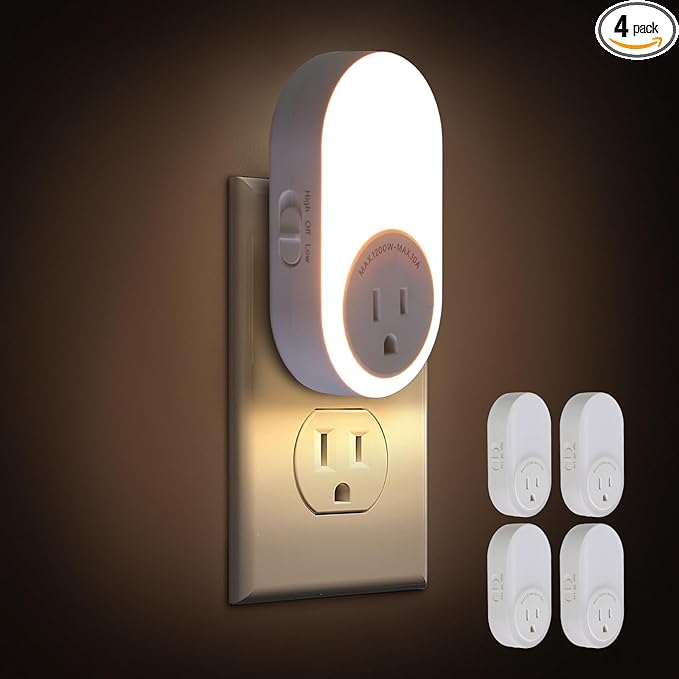 Dawnrise Night Lights Plug Into Wall,Dusk to Dawn Sensor Night Light with Power Outlet,CCT 2200K/4000K,5/20LM Adjustable Brightness for Bedroom,Kitchen,Living Room,Office (4 PK)