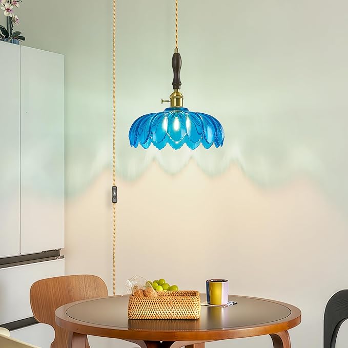 Modern Blue Plug in Glass Pendant Light Retro Flower Glass Hanging Lamp Gold Brass Decorative Adjustable Ceiling Hanging Light Suitable for Kitchen Island Bedroom Dining Room Living Room